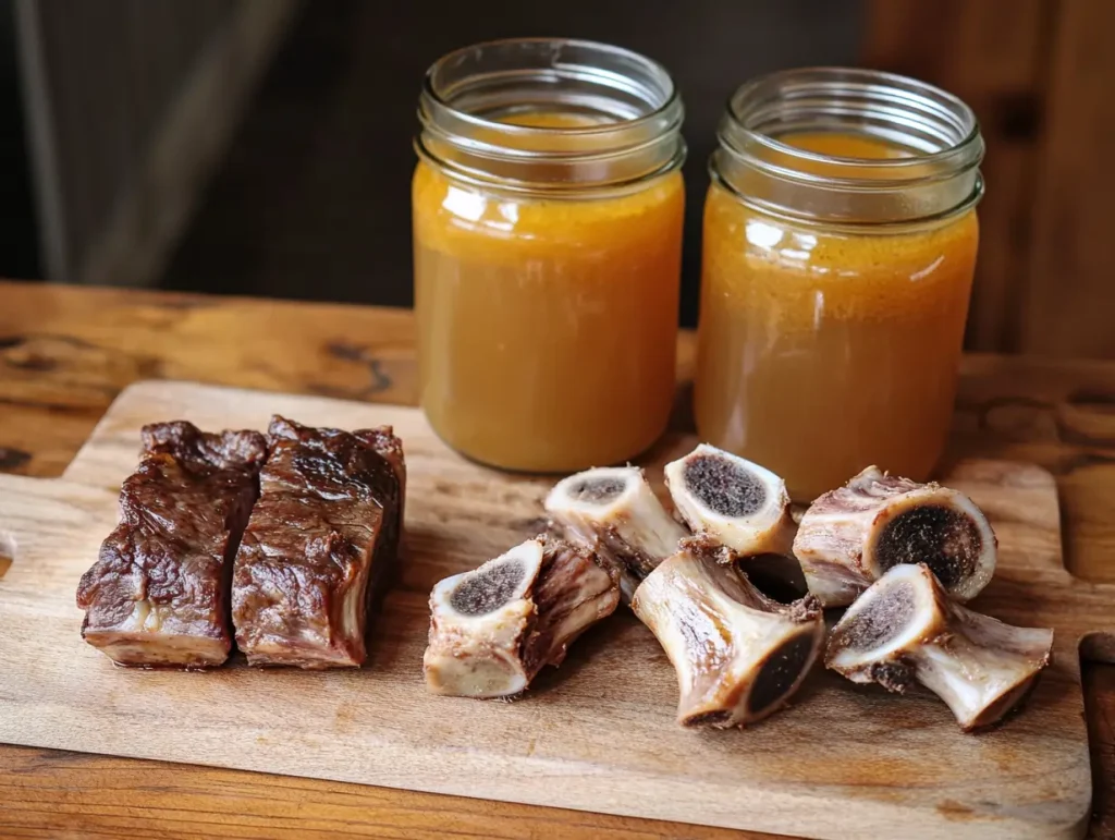 Cooked beef shank pieces, roasted marrow bones, and two jars of golden beef broth arranged on a wooden cutting board.