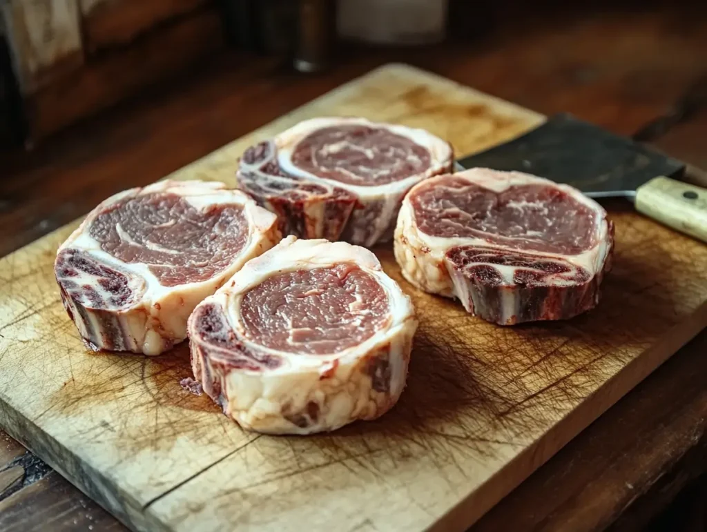 Close-up of four fresh beef shank slices with visible marbling and bone centers, placed on a rustic wooden cutting board, with a cleaver in the background