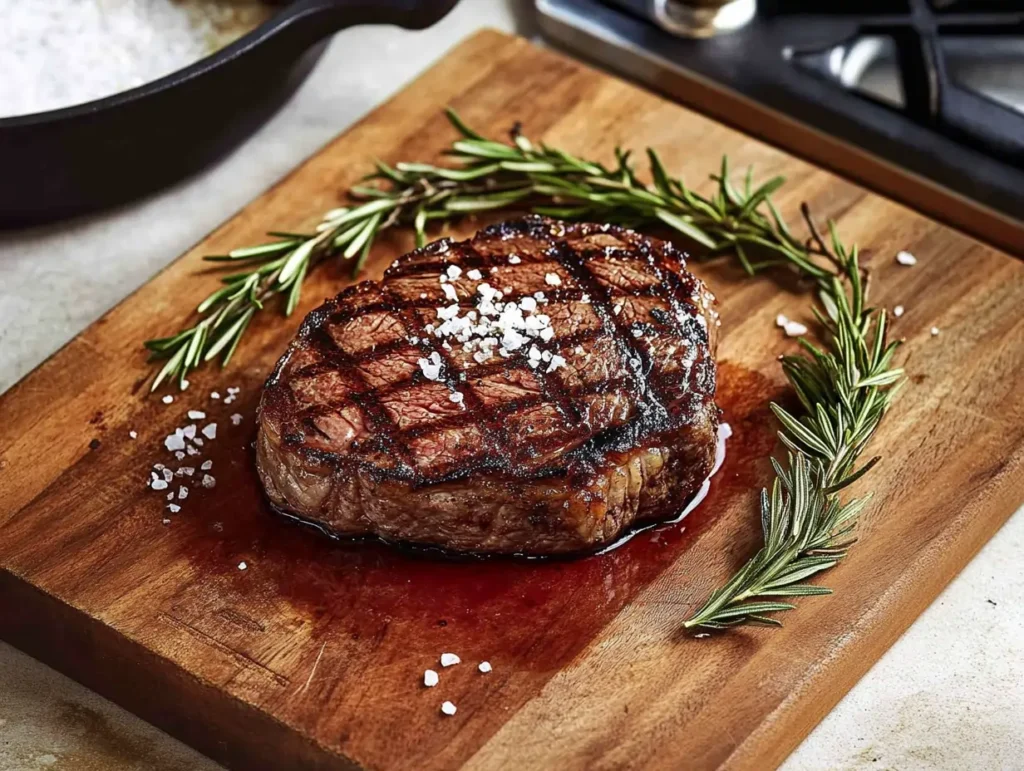 Perfectly grilled ranch steak on a wooden board, topped with rosemary and sprinkled with sea salt