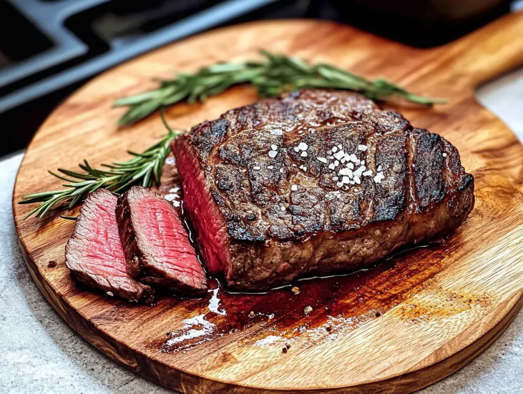 Juicy ranch steak with a perfect sear, sliced and garnished with rosemary, resting on a wooden cutting board