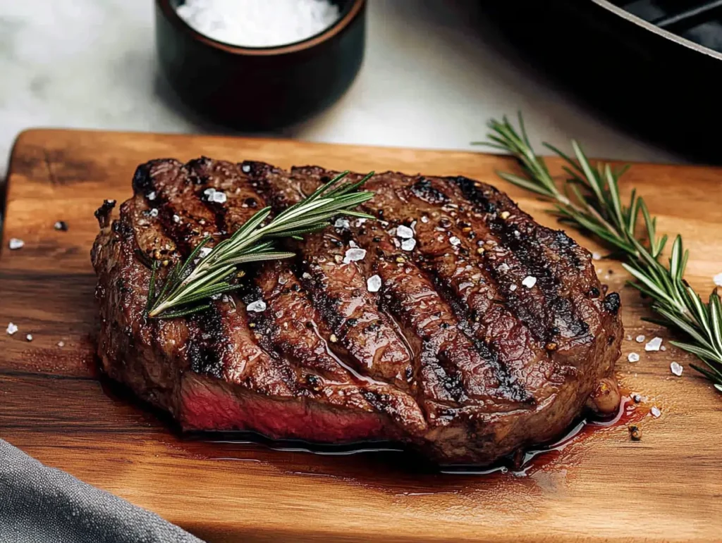 Grilled ranch steak with char marks, garnished with rosemary and sea salt, served on a wooden board.