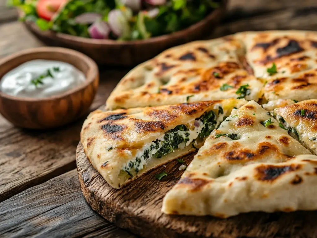 Close-up of freshly cooked spinach stuffed flatbread, paired with a bowl of yogurt dip and a fresh side salad for serving