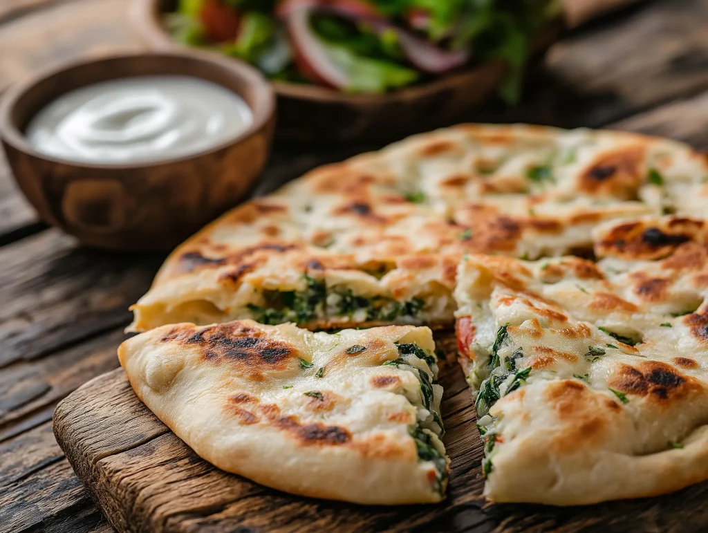 Golden brown spinach stuffed flatbread sliced to reveal a savory spinach filling, served on a rustic wooden table with yogurt dip on the side