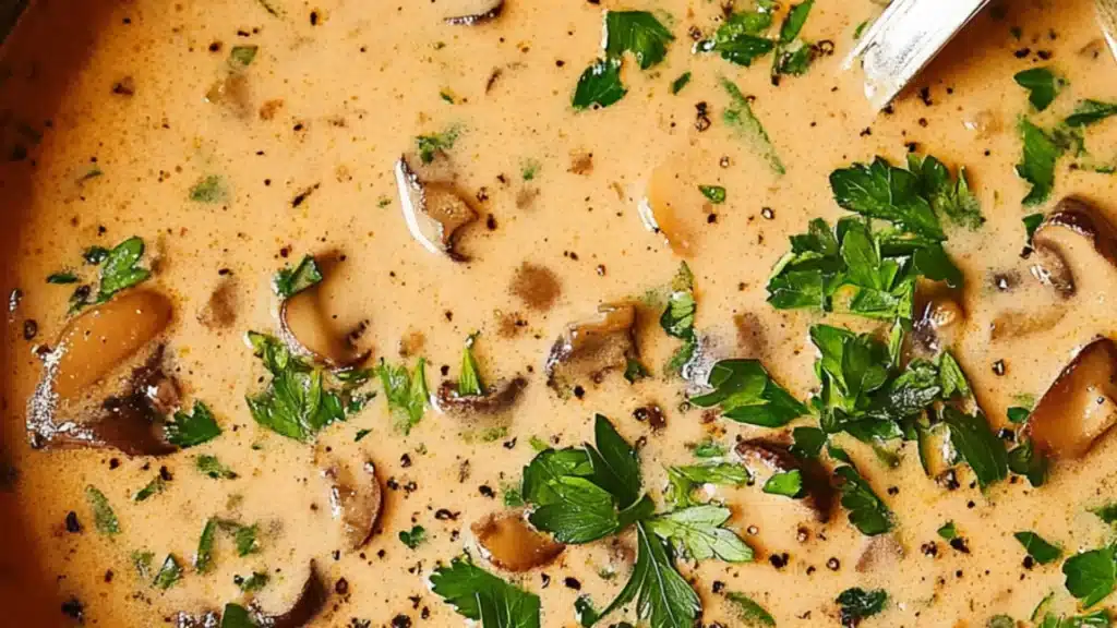 Close-up view of Hungarian mushroom soup with parsley and mushrooms floating in a creamy paprika-spiced broth