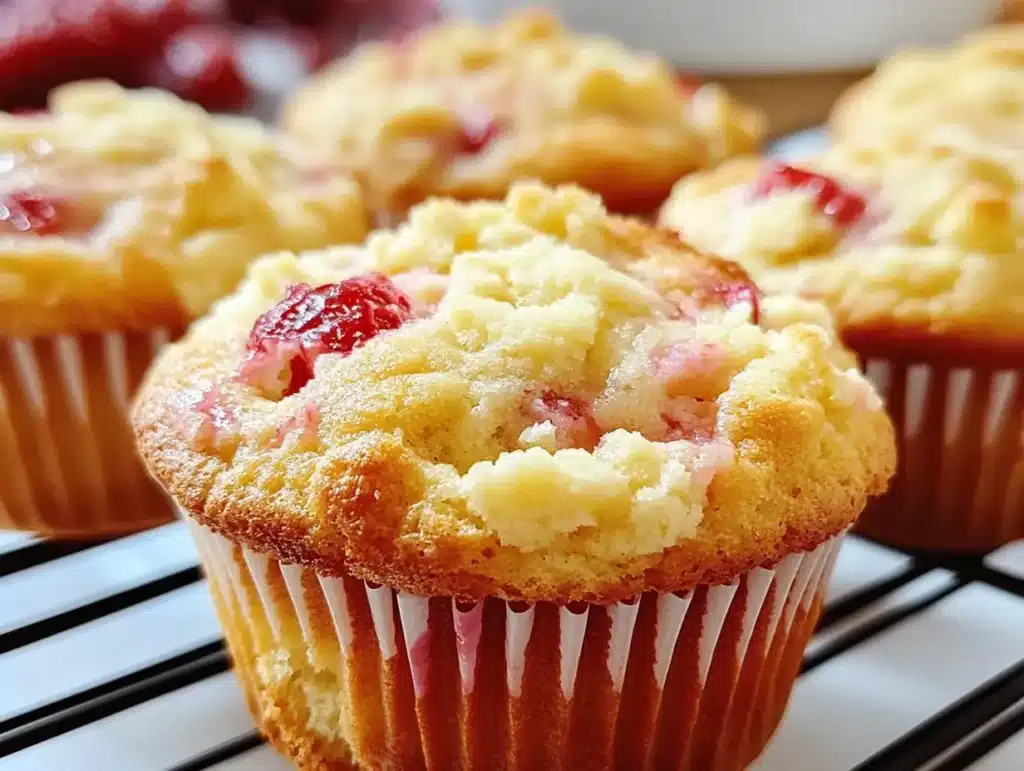 Close-up of a freshly baked strawberry cream cheese muffin on a cooling rack, showing a golden top and juicy strawberry pieces.