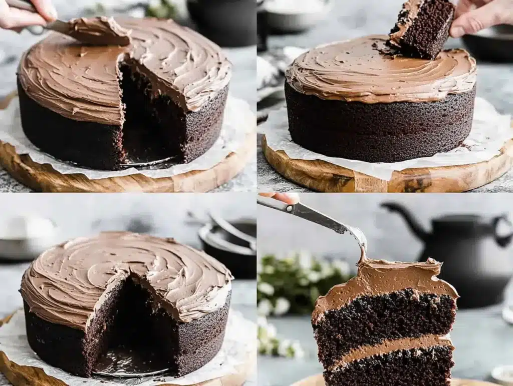 Step-by-step images of assembling and frosting a Hershey chocolate cake, showing layers, frosting application, and the finished cake.