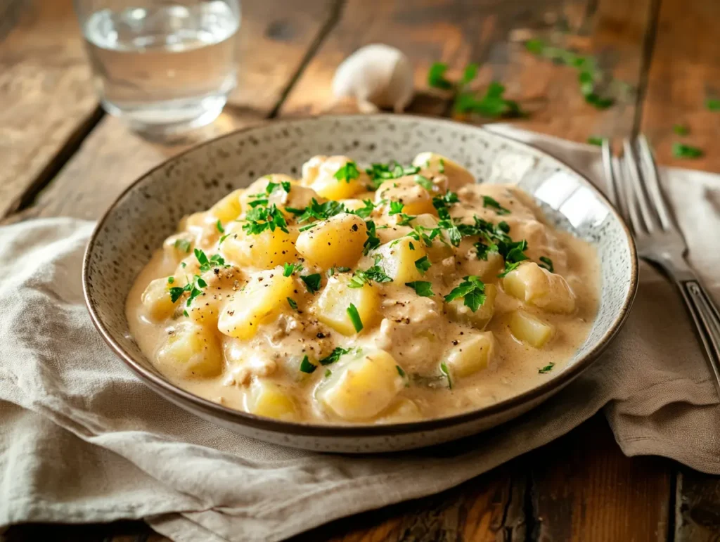 Homemade Potato Stroganoff in a ceramic bowl, accompanied by wooden utensils and a beige napkin