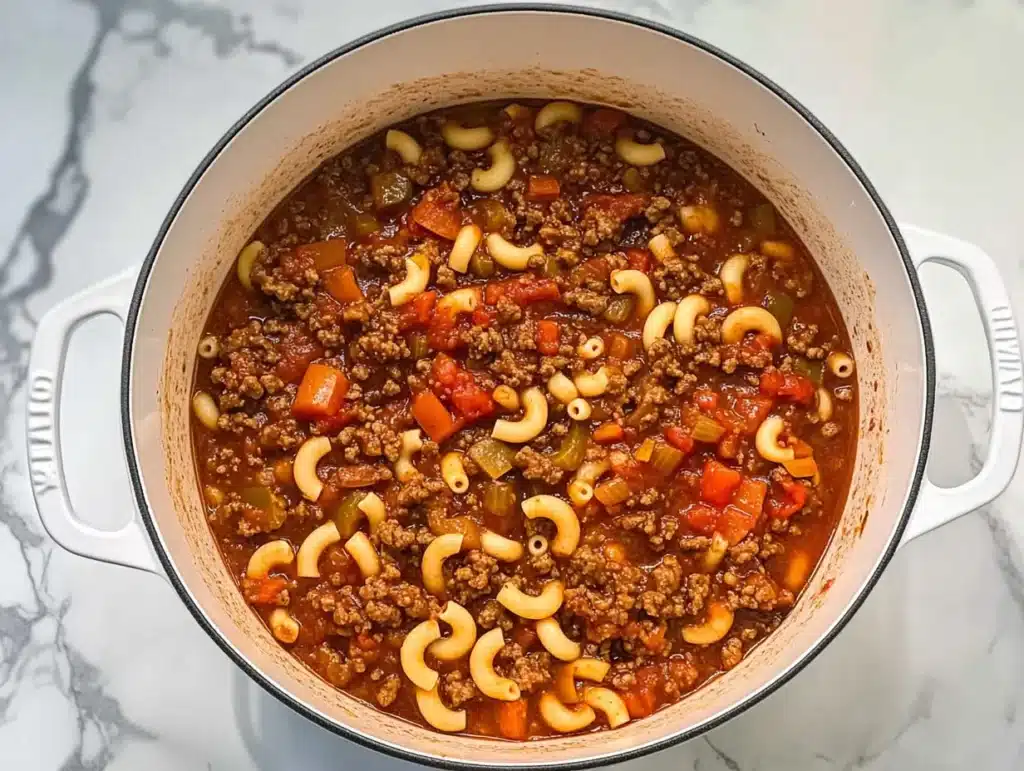 Close-up view of homemade American goulash, perfect for an easy family dinner.