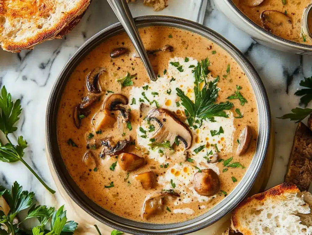 Close-up of a bowl of Hungarian mushroom soup, featuring rich cream, mushrooms, and herbs