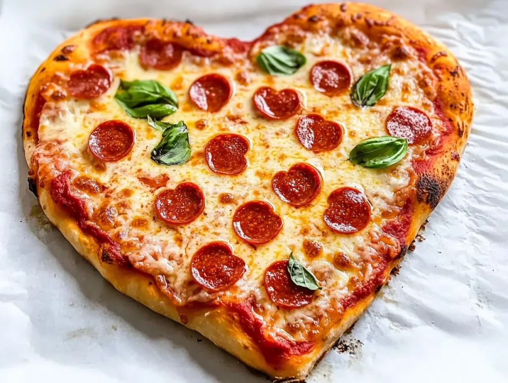 Romantic Valentine’s Day pizza with heart-shaped pepperoni and a golden crust.