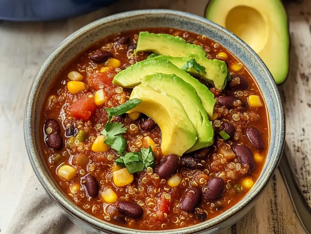 Hearty vegan quinoa chili with beans, corn, and avocado in a rustic bowl.