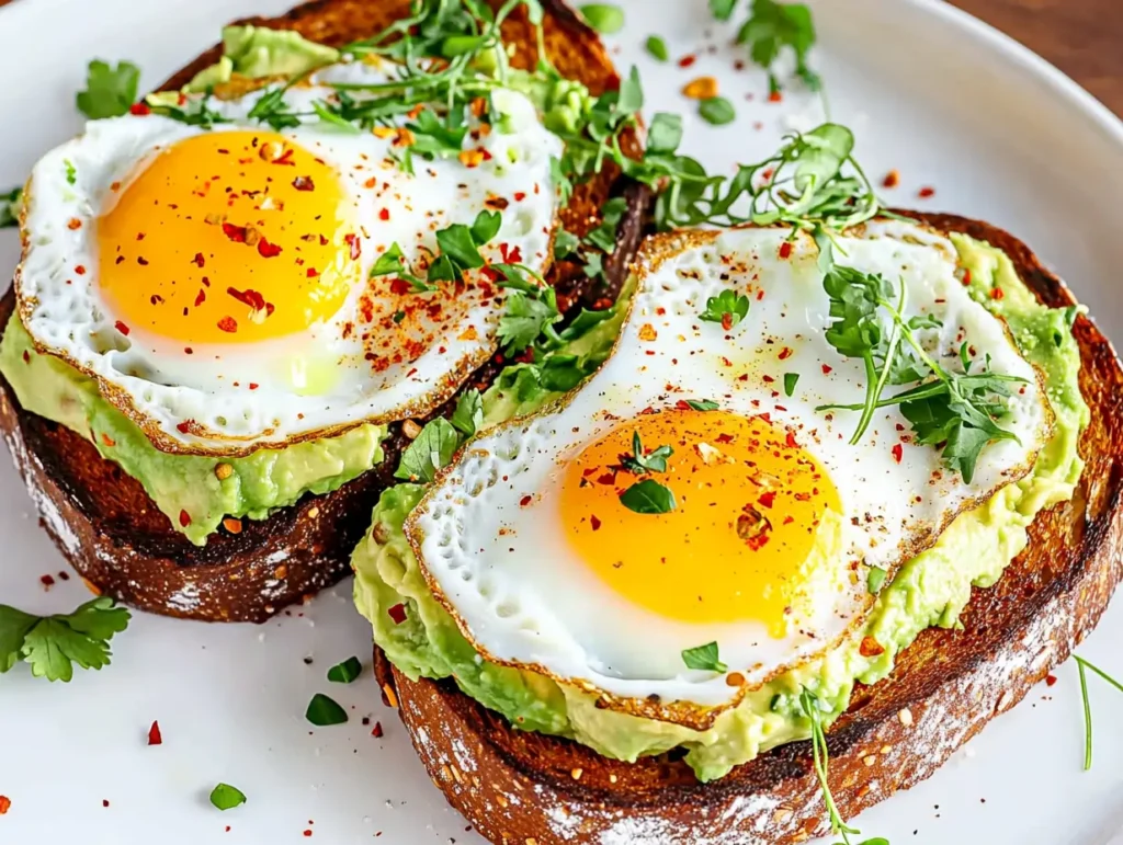 Two slices of avocado toast with fried eggs on whole-grain bread, sprinkled with paprika and herbs