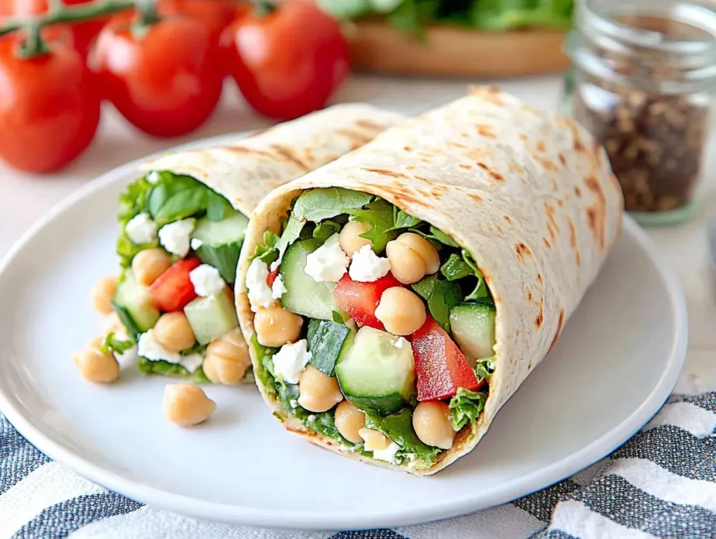 Healthy vegetarian wrap with chickpeas, fresh vegetables, and feta cheese, served on a rustic table