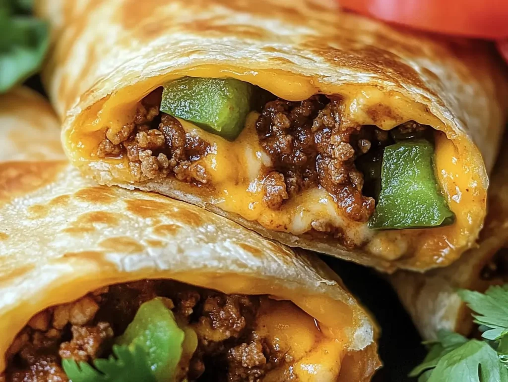 Freshly cooked taco pockets stuffed with seasoned beef, melted cheese, and green peppers