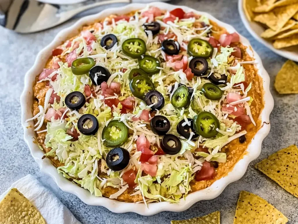 Homemade taco dip garnished with fresh toppings and paired with tortilla chips for dipping.