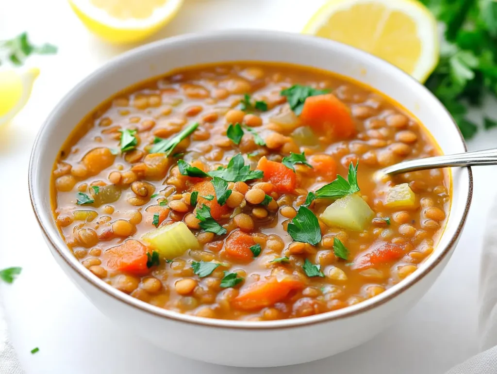 Hearty lentil soup served with a spoon on a white table.