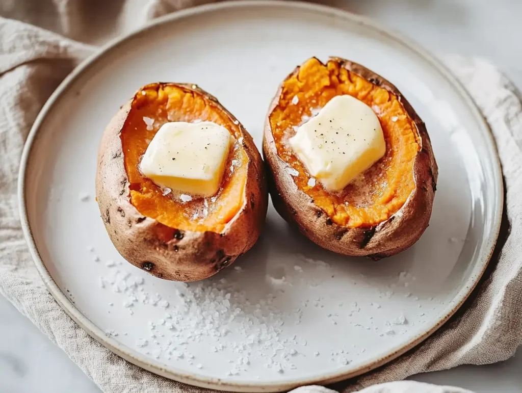 Steaming microwave sweet potatoes with butter melting inside, served on a neutral-toned plate.