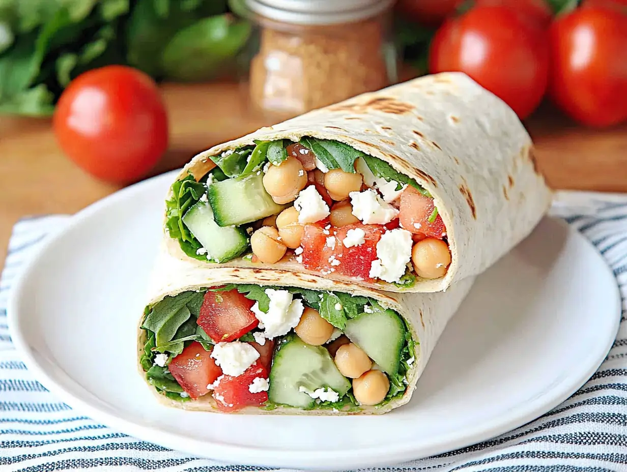 Mediterranean chickpea salad wrap filled with fresh cucumbers, tomatoes, and feta cheese on a white plate.