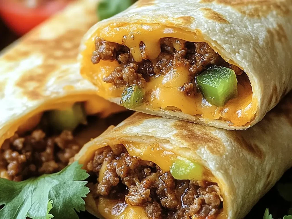 Close-up of golden tortilla pockets filled with cheesy taco beef and diced peppers.