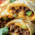 Close-up of golden tortilla pockets filled with cheesy taco beef and diced peppers.