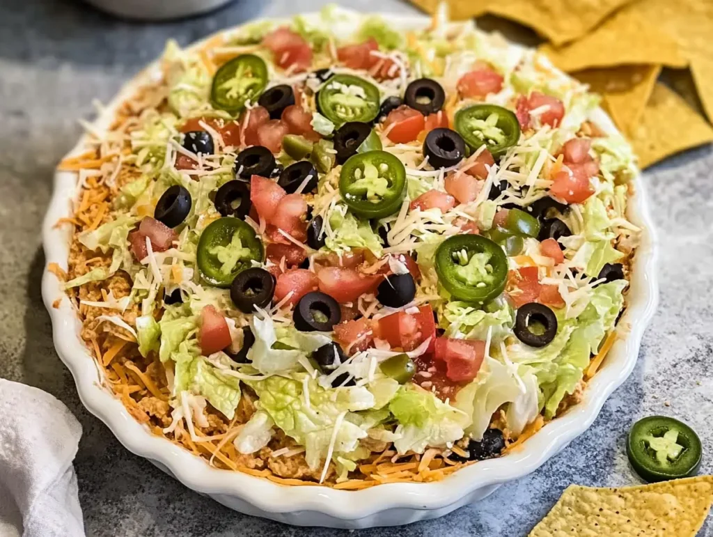 Layered taco dip topped with shredded cheese, black olives, jalapeños, and diced tomatoes served with tortilla chip