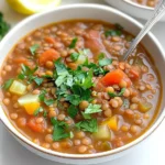 A bowl of vegan lentil soup with vegetables and fresh parsley garnish.