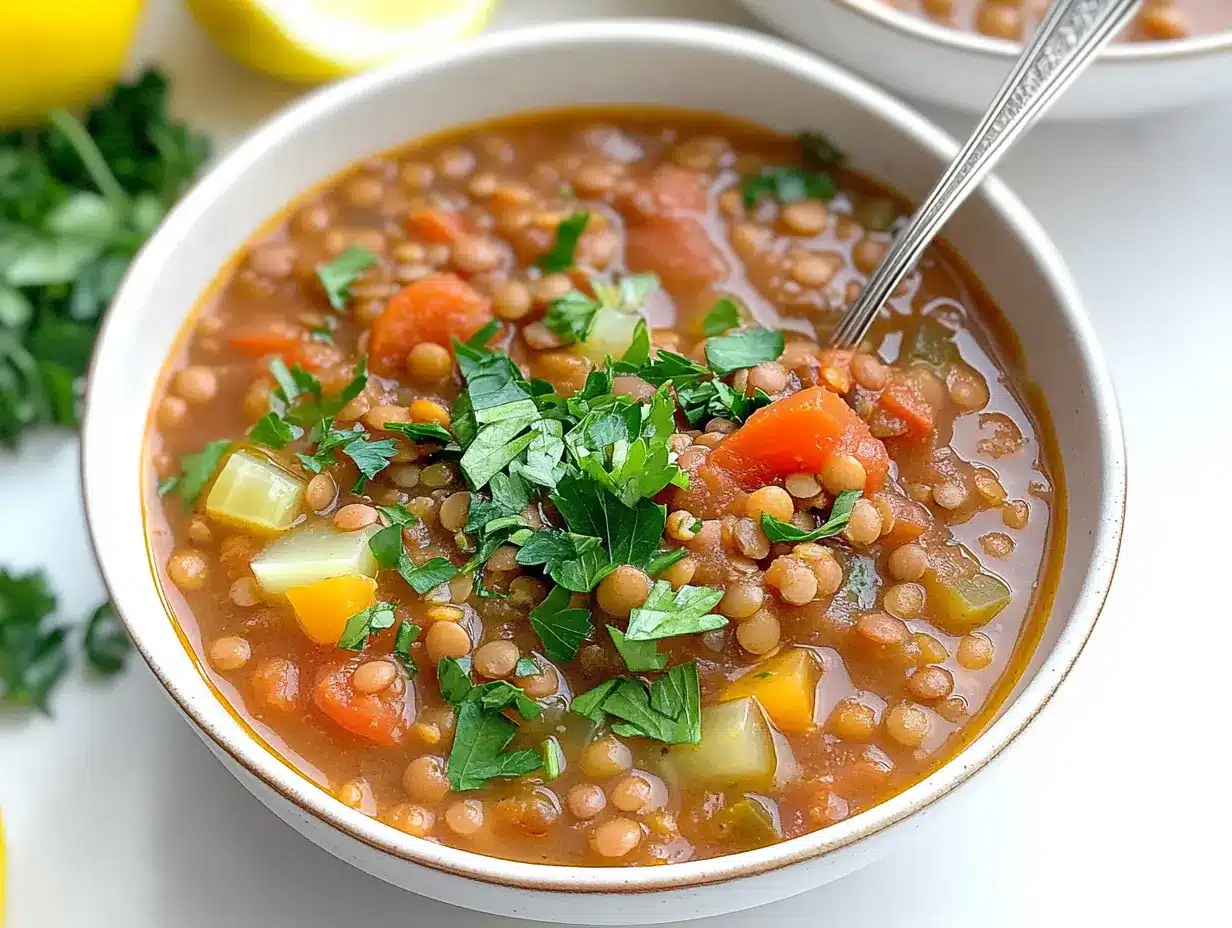 A bowl of vegan lentil soup with vegetables and fresh parsley garnish.