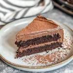 A slice of Hershey chocolate cake on a ceramic plate, garnished with cocoa powder.