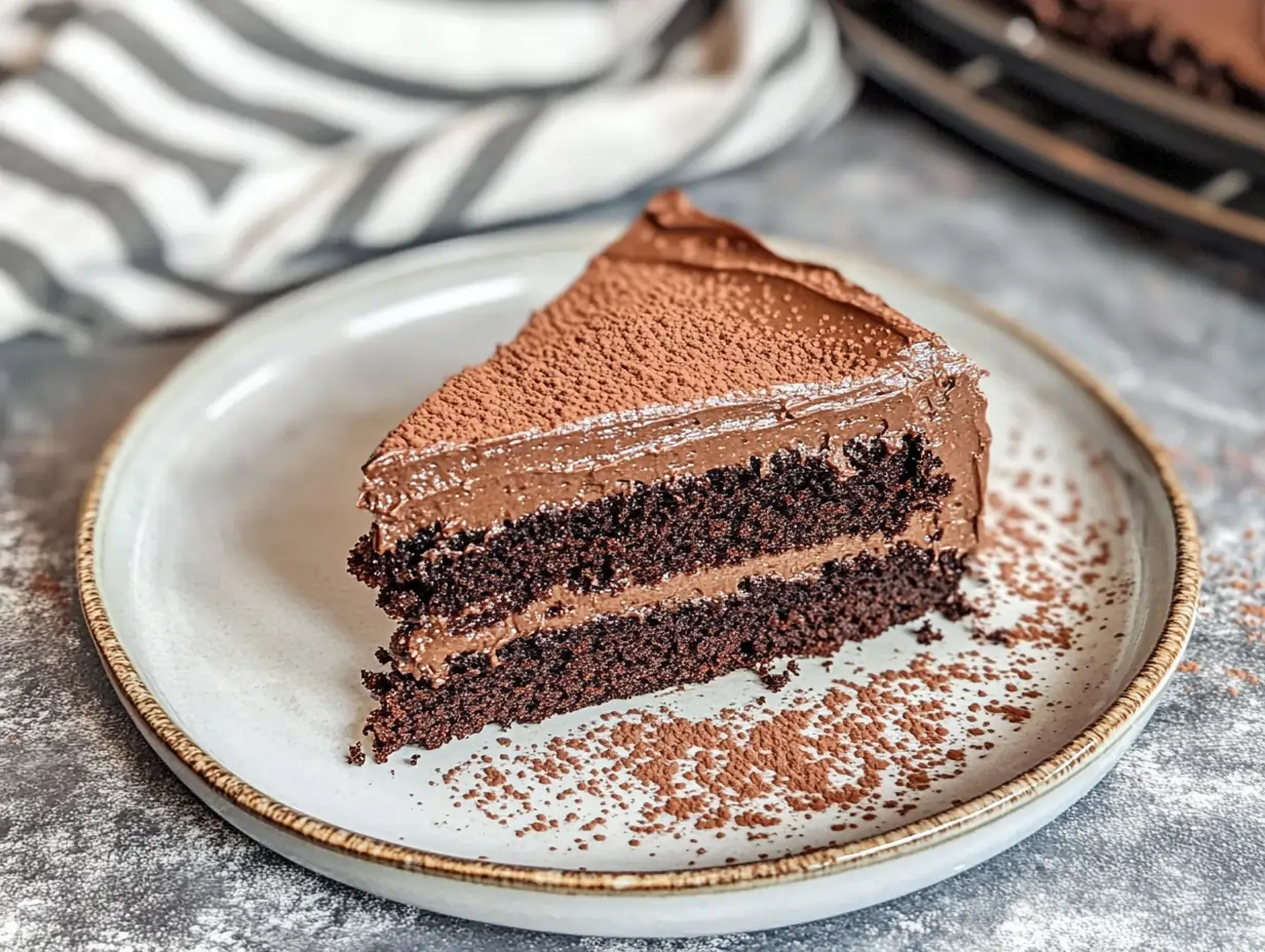 A slice of Hershey chocolate cake on a ceramic plate, garnished with cocoa powder.