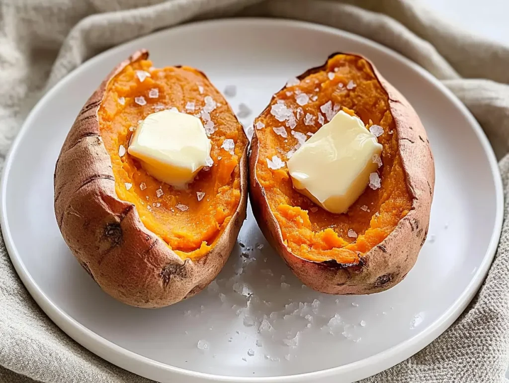 A simple plate of microwave-cooked sweet potatoes topped with butter and sea salt for a quick meal.