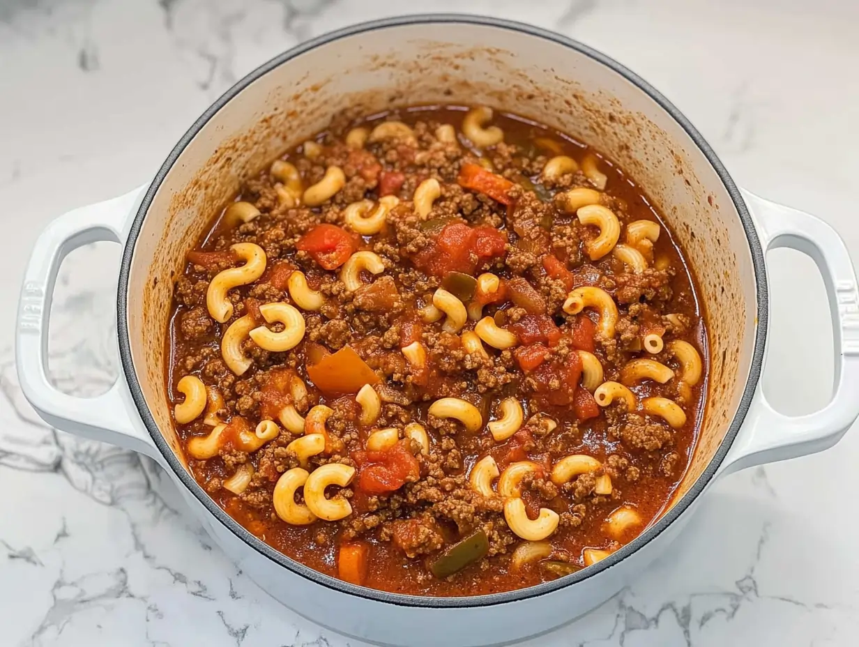 A hearty pot of classic American goulash with macaroni, ground beef, and tomatoes