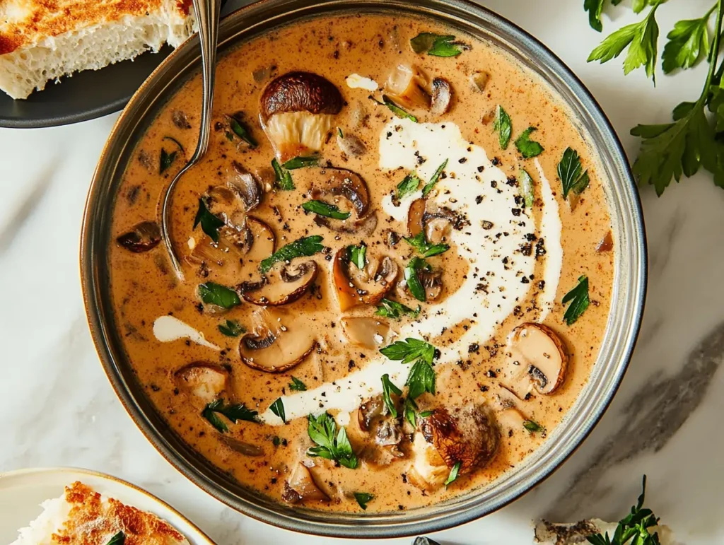 Creamy Hungarian mushroom soup garnished with fresh parsley and a drizzle of cream, served with crusty bread.