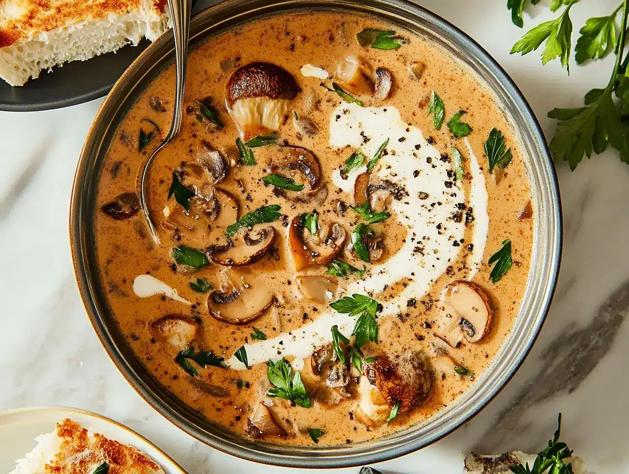 Creamy Hungarian mushroom soup garnished with fresh parsley and a drizzle of cream, served with crusty bread.