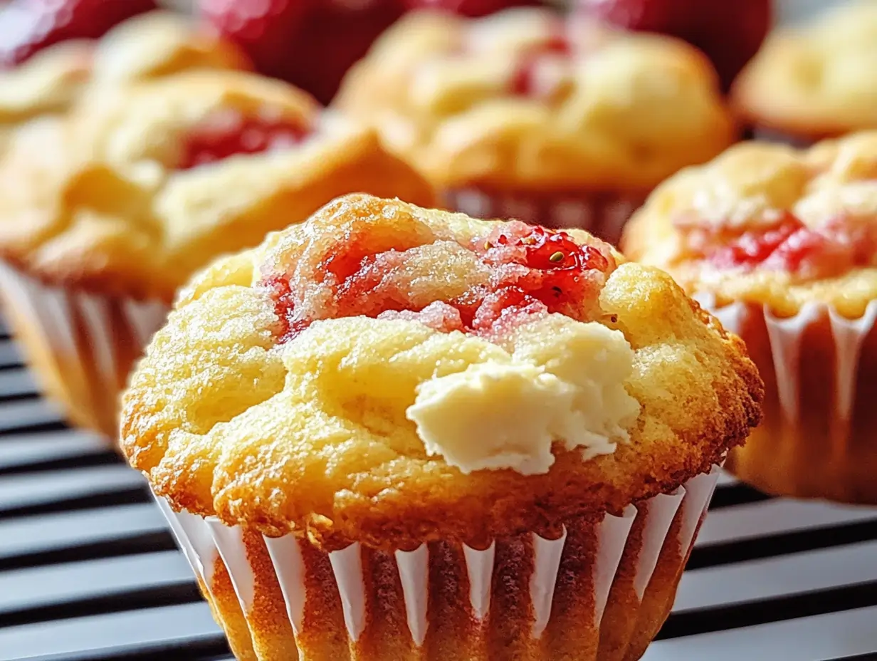 A detailed shot of a moist strawberry muffin with a crumbly texture and fresh strawberries baked into the top.