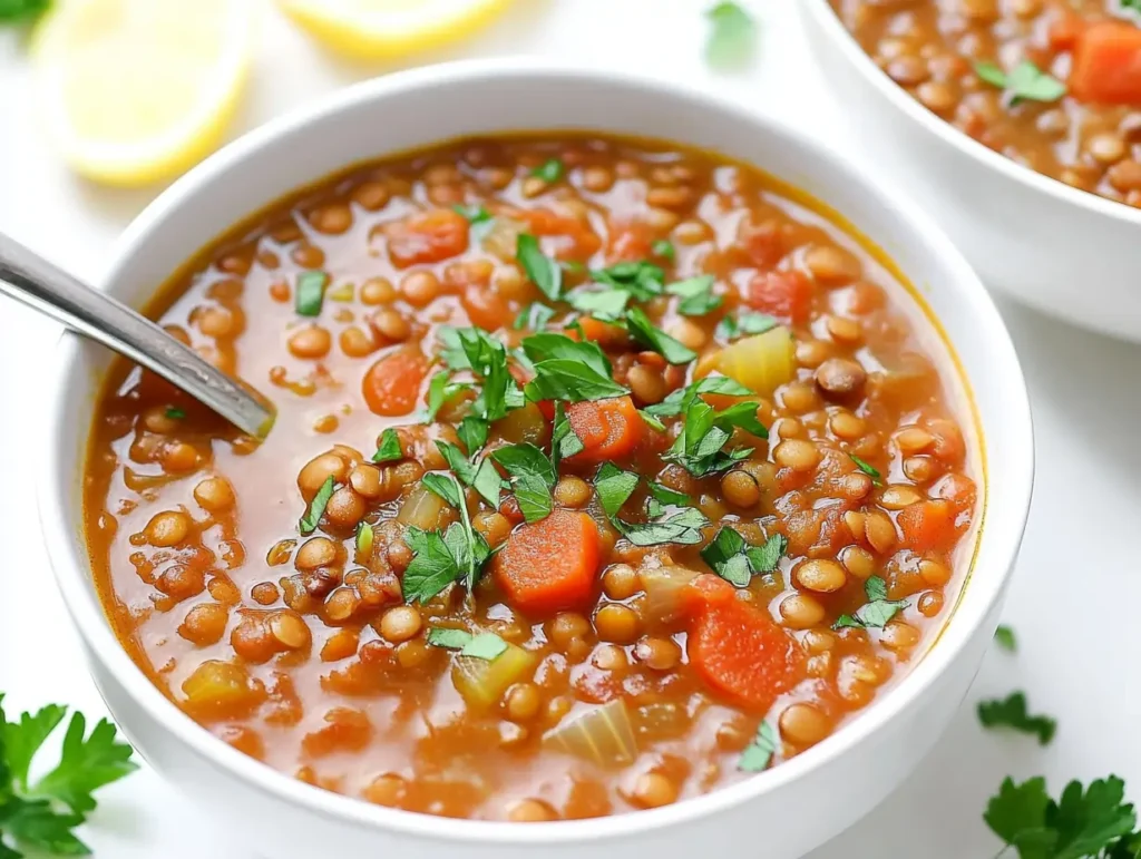 Close-up of a homemade vegan lentil soup with fresh herbs and lemon slices nearby.
