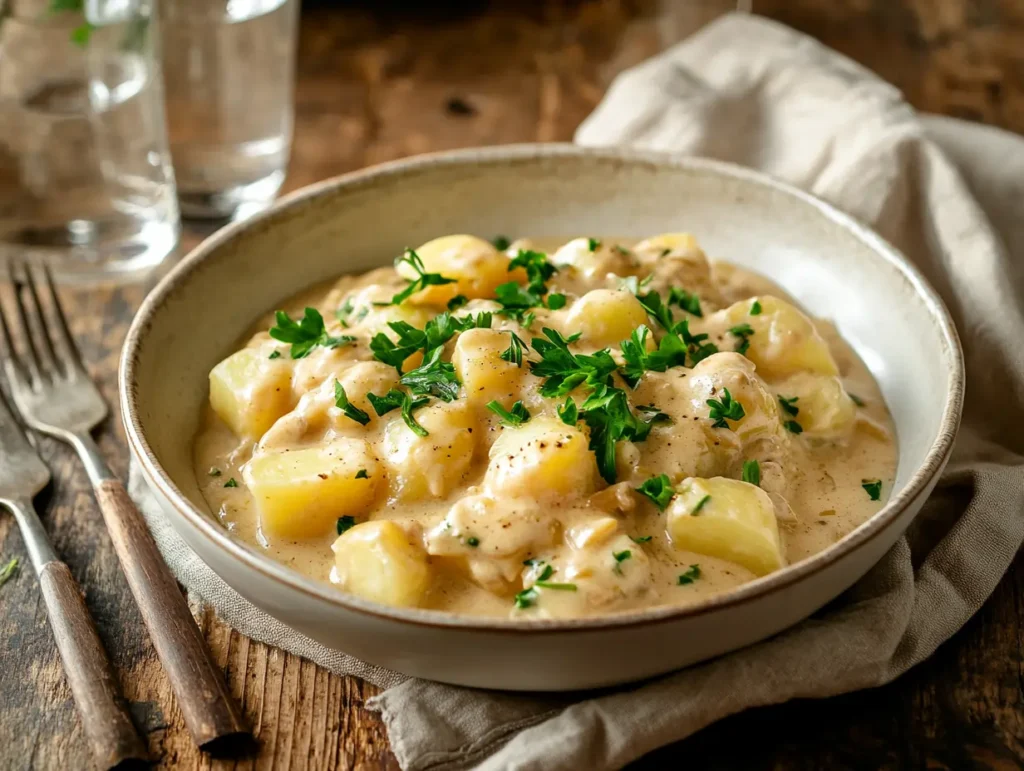 Close-up of tender potato chunks in a rich, creamy sauce with a sprinkle of parsley