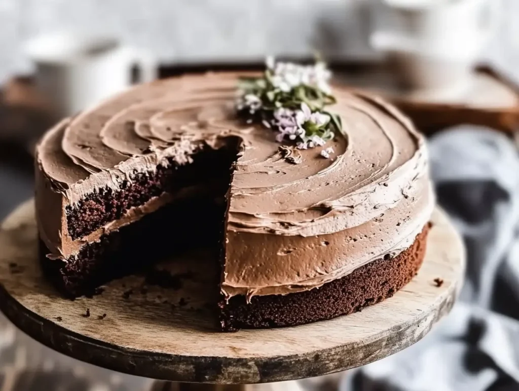 A whole Hershey chocolate cake on a wooden cake stand, frosted with chocolate and garnished with a sprig of flowers.