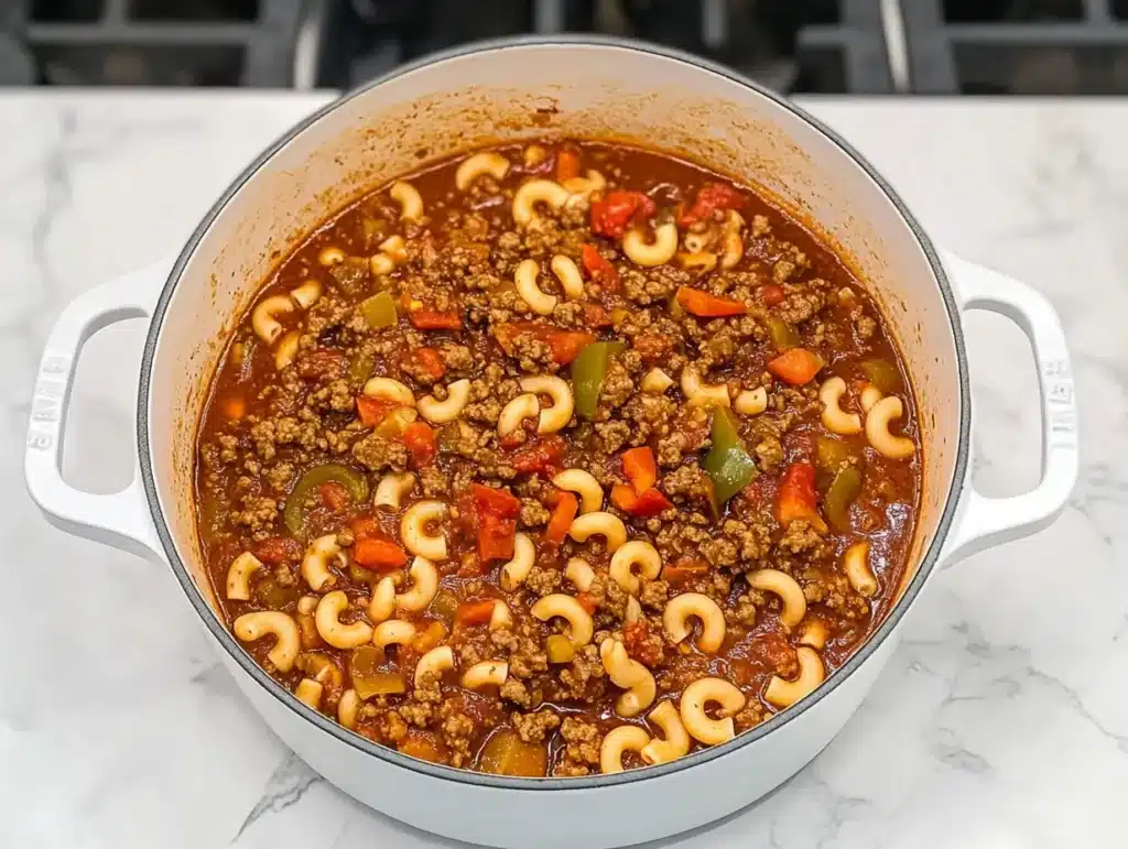 One-pot American goulash, featuring tender pasta, flavorful meat sauce, and diced vegetables