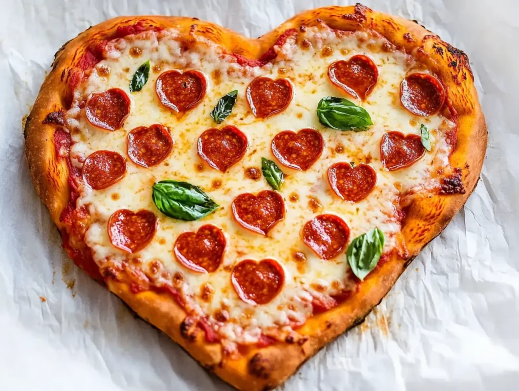 Homemade heart-shaped pizza topped with mozzarella, pepperoni, and fresh basil leaves.
