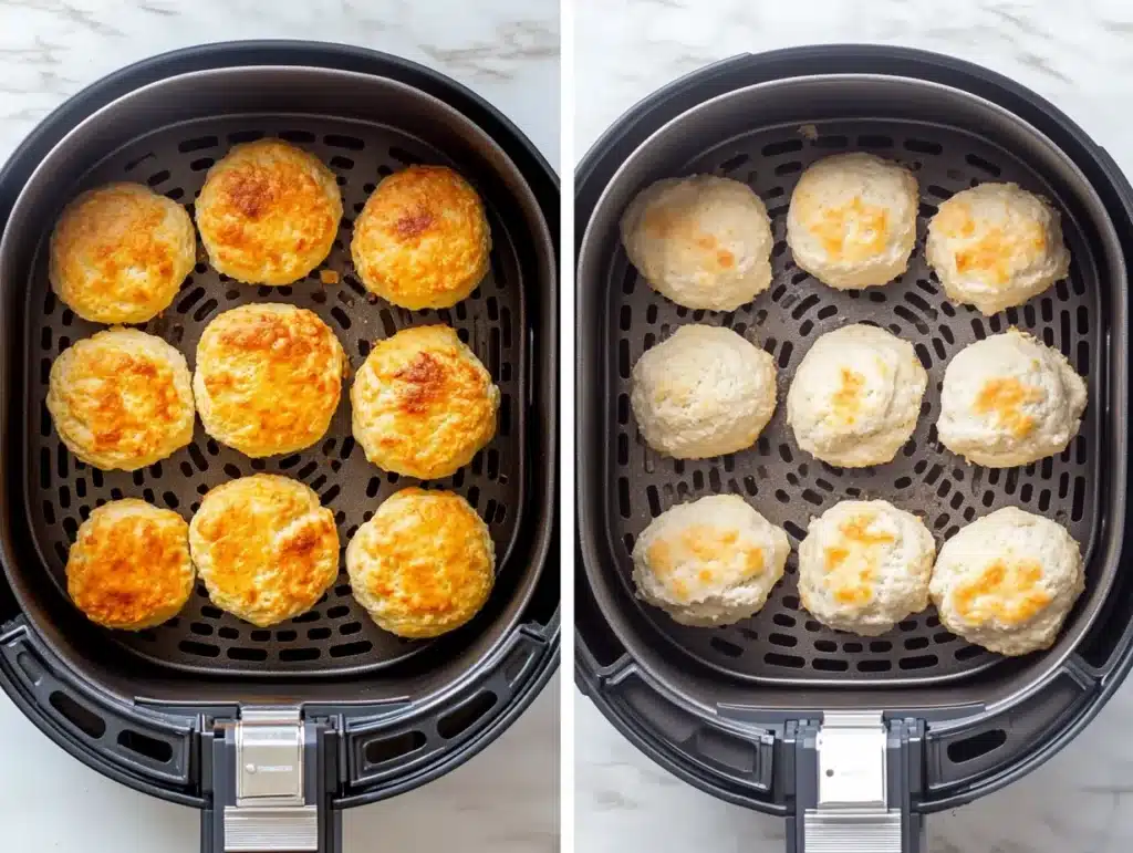 Before and after view of frozen biscuits cooked to golden perfection in an air fryer.
