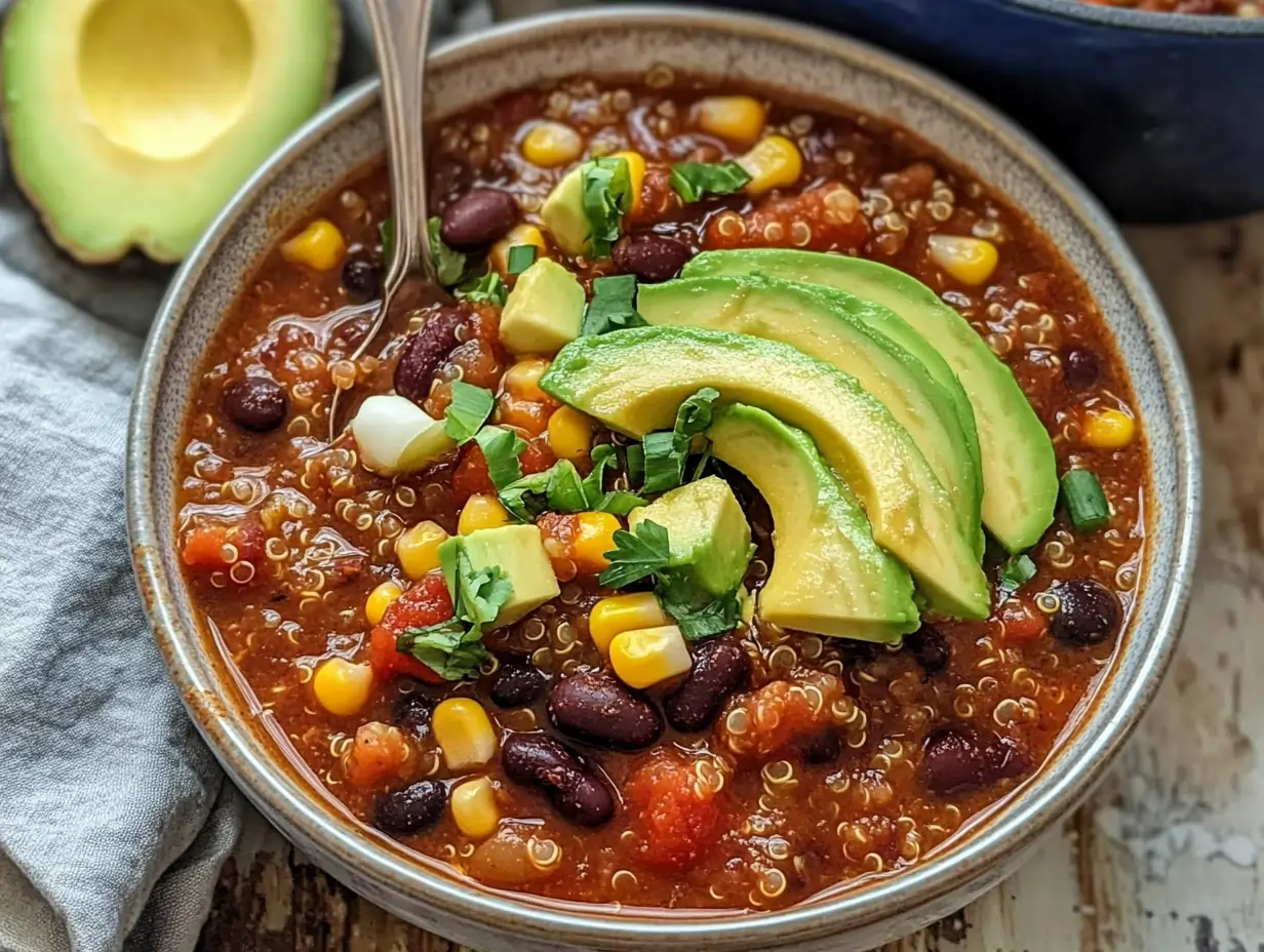 A bowl of vibrant One-Pot Vegan Quinoa Chili topped with avocado slices and fresh cilantro