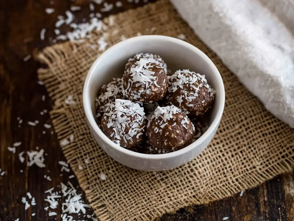 Healthy no-bake chocolate coconut energy bites on a rustic table setting