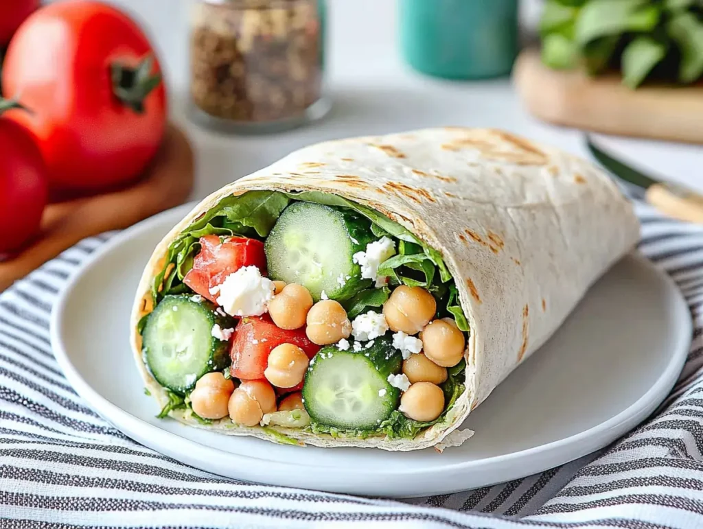 Vibrant Mediterranean wrap cut in half, showing layers of chickpeas, cucumber, tomatoes, and lettuce.
