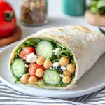 Vibrant Mediterranean wrap cut in half, showing layers of chickpeas, cucumber, tomatoes, and lettuce.