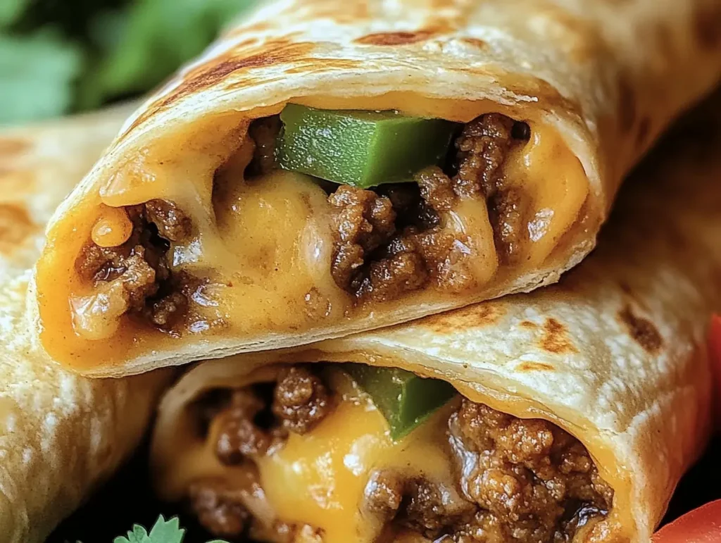 Cheesy taco pockets with ground beef filling, garnished with fresh cilantro.