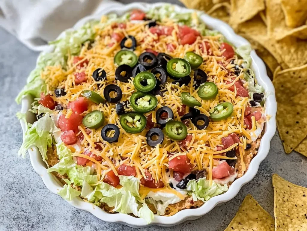 Colorful taco dip with lettuce, cheese, and jalapeños in a white dish surrounded by chips