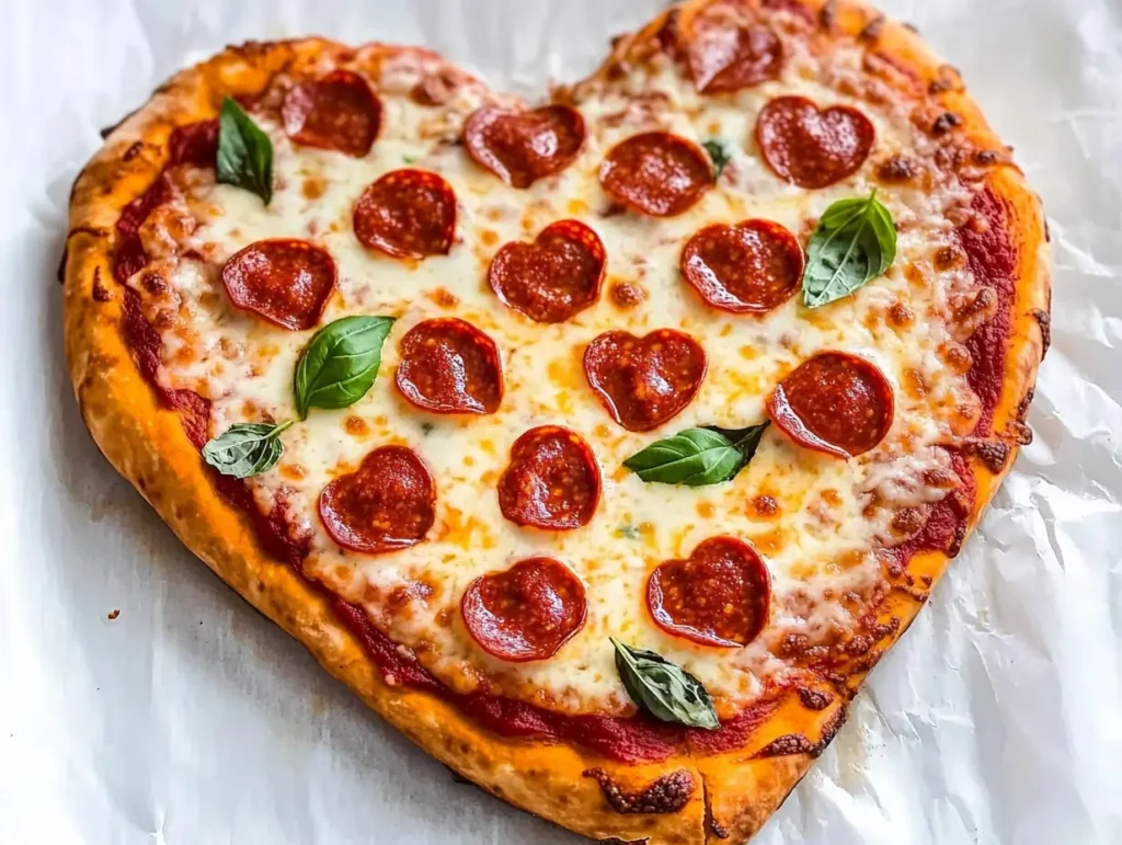 Heart-shaped pepperoni pizza with melted cheese and fresh basil on parchment paper.