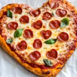 Heart-shaped pepperoni pizza with melted cheese and fresh basil on parchment paper.