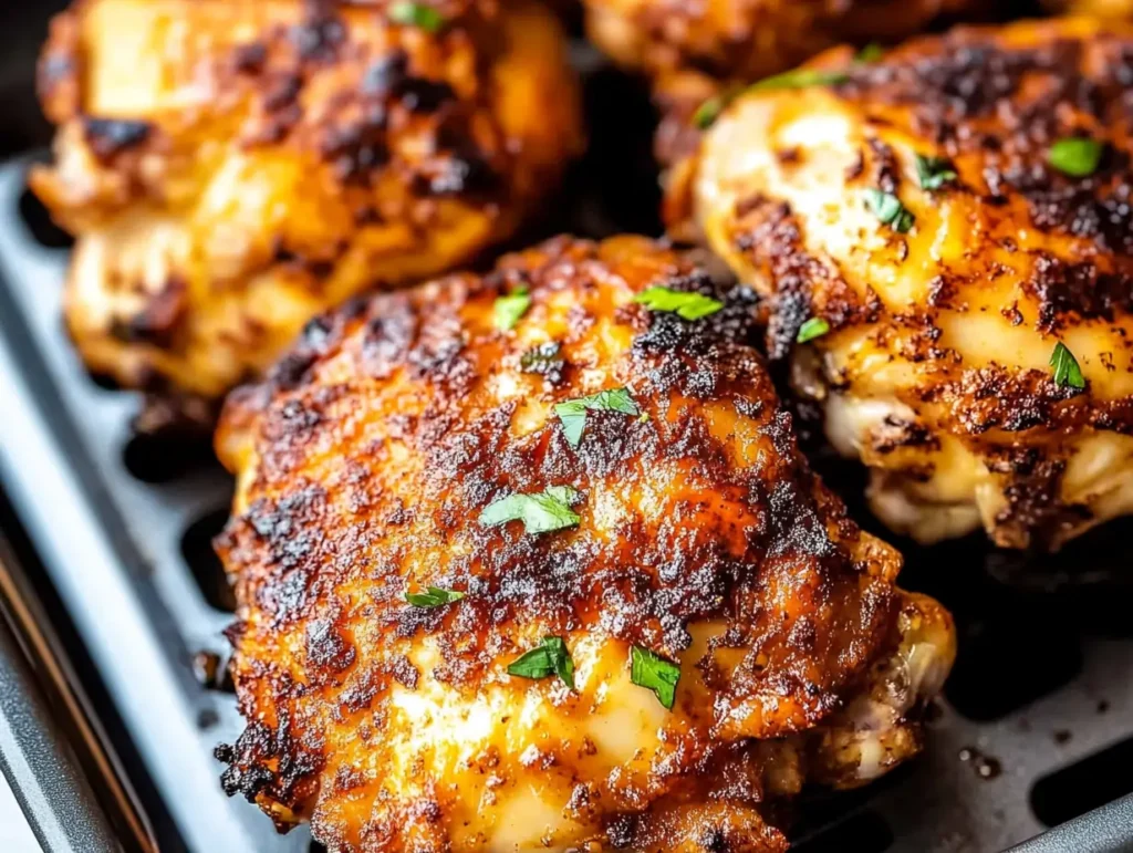 Close-up of seasoned air fryer chicken thighs, hot and ready to serve.
