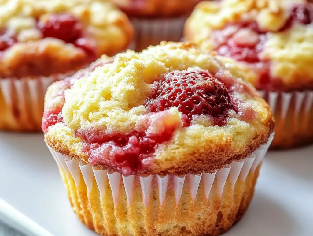 Warm strawberry cream cheese muffins with golden-brown tops, cooling on a wire rack in a cozy kitchen setting.
